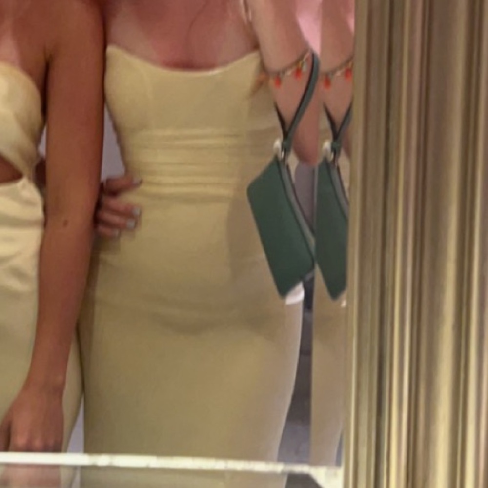 Lucy in the Sky yellow, ruched back, corset style, lace up dress